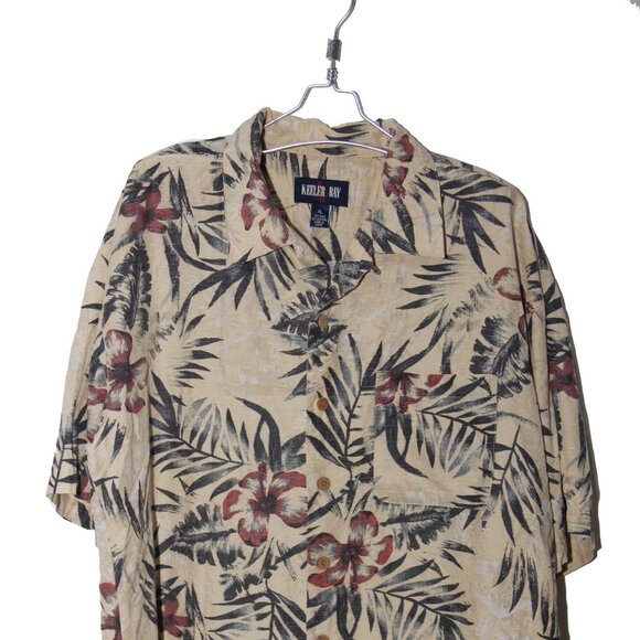 KEELER BAY Shirt Large Button up Tan and Burgundy Flower Beach Hawaiian Tropical - Picture 2 of 8